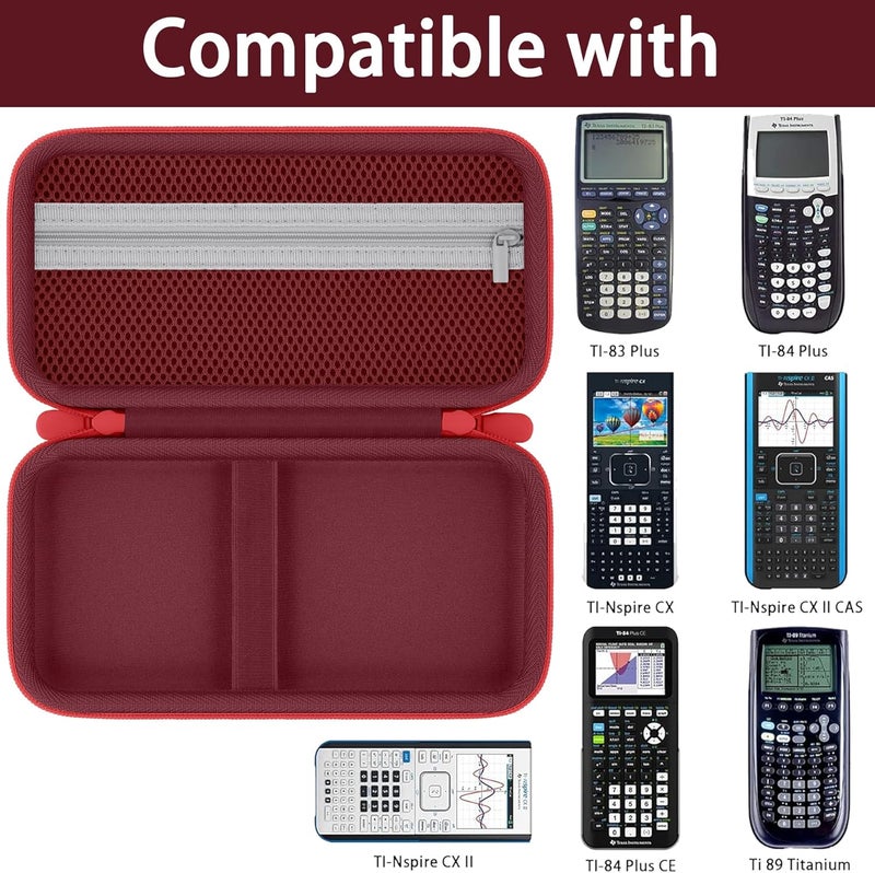Baval Calculator Case Compatible with Texas Instruments TI-84 Plus CE/TI-84 Plus/TI-Nspire CX II CAS/TI-Nspire CX II/TI-83 Plus/TI-89 Titanium Color Graphing Calculator(Dark Red Case,Red Zipper) - Image 3